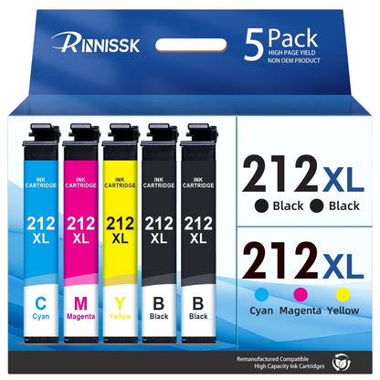 212XL Ink Cartridges for Epson 212 Ink Cartridges for Epson 212XL Ink for Epson XP-4105 WF-2830 XP-4100 WF-2850 Printer 5-Pack (2 Black Cyan Magenta Yellow)