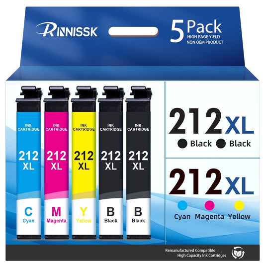 212XL Ink Cartridges for Epson 212 Ink Cartridges for Epson 212XL Ink for Epson XP-4105 WF-2830 XP-4100 WF-2850 Printer 5-Pack (2 Black Cyan Magenta Yellow)