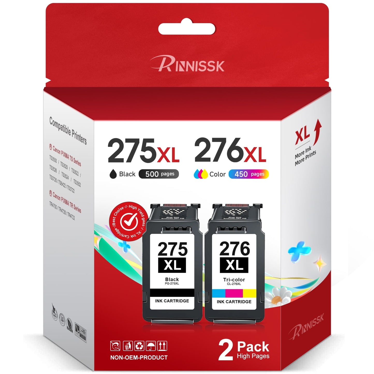 275XL Ink Cartridges for Canon Ink 275 and 276 for PIXMA TS3520 TS3522 TS3500 TR4720 TR4700 Printers (2 Pack - Black , Tri-color)