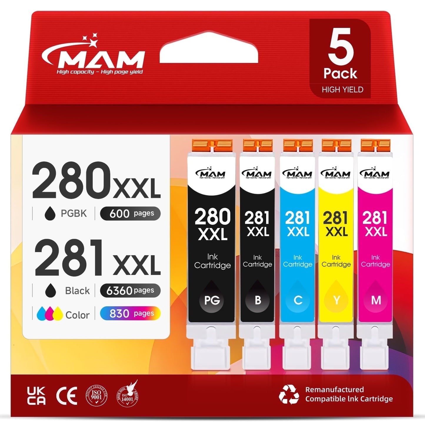280XXL 281XXL Ink Cartridge for Canon Ink 280 281 PGI-280XXL CLI-281XXL for PIXMA TS9521 TR8520 TS8220 TR7520 TS9120 TS8600 TS9512 Printer (5 Pack)