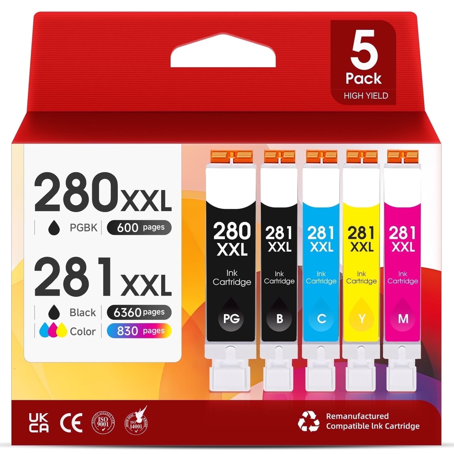 280XXL 281XXL Ink Cartridges Compatible for Canon PGI 280 XXL CLI 281 XXL Ink Cartridges for PIXMA TS8320 TS8220 TS8120 Printer (5 Pack)