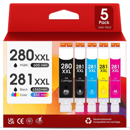 280XXL 281XXL Ink Cartridges Compatible for Canon PGI 280 XXL CLI 281 XXL Ink Cartridges for PIXMA TS8320 TS8220 TS8120 Printer (5 Pack)