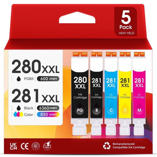 280XXL 281XXL Ink Cartridges Compatible for Canon PGI 280 XXL CLI 281 XXL Ink Cartridges for PIXMA TS8320 TS8220 TS8120 Printer (5 Pack)