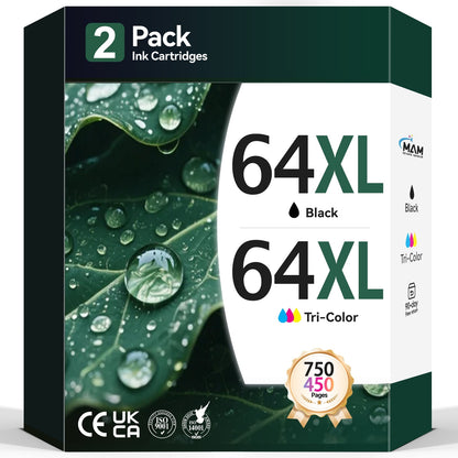64XL Ink Cartridges Black/Color Combo Pack Compatible for HP 64 Ink Cartridge for HP Envy Photo 7855 7858 7155 7120 Printer (1 Black, 1 Color)
