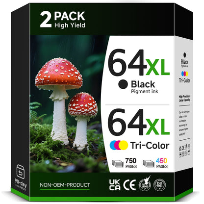 64XL Ink Cartridges Black/Color Combo Pack Compatible for HP 64 Ink Cartridge for HP Envy Photo 7855 7858 7155 7120 Printer (1 Black, 1 Color)