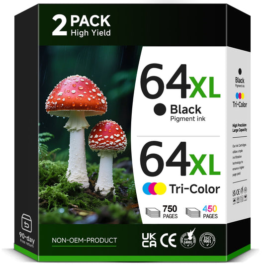 64XL Ink Cartridges Black/Color Combo Pack Compatible for HP 64 Ink Cartridge for HP Envy Photo 7855 7858 7155 7120 Printer (1 Black, 1 Color)