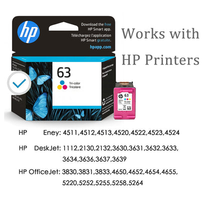 63 Tri-color Ink Cartridge Compatible  for HP 63 Ink Cartridges (1 Color)  Works with HP Officejet 3830 4650 3832 5258 5255 5200 Envy Printer