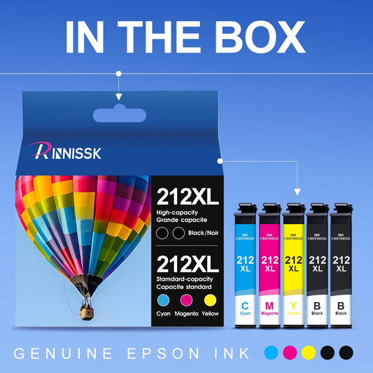 212XL Ink Cartridges for Epson 212 Ink Cartridges for Epson 212XL Ink for Epson XP-4105 WF-2830 XP-4100 WF-2850 Printer 5-Pack (2 Black Cyan Magenta Yellow)